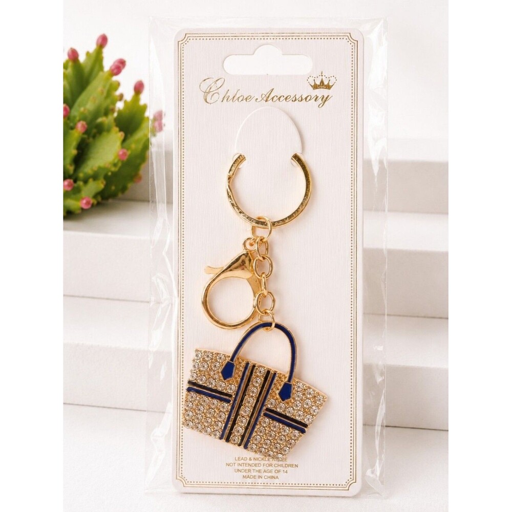 Women's Rhinestone Handbag Keychain Bag Charm Gold Tone Blue Purse Accessories